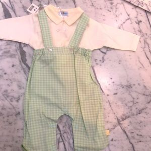 JACADI 2 PC. NWT 6 MO. BOY GREEN & BLUE ROMPER W/ RIBBED, COLLARED PULLOVER TOP